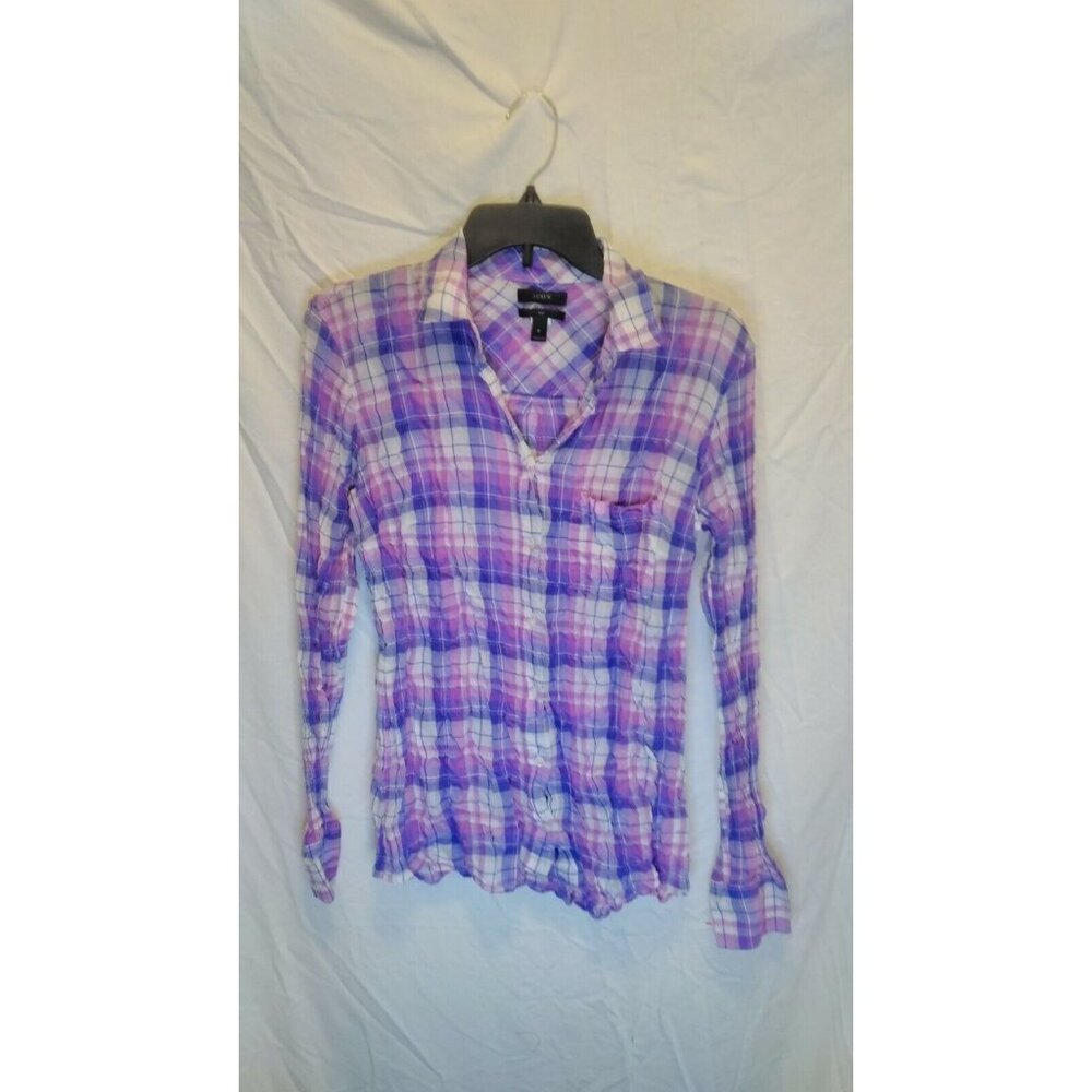 J.Crew Purple White Blue Plaid Boy Button Front Shirt Womens 0‎ Long Sleeve